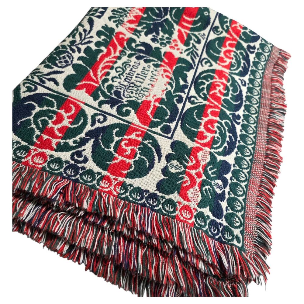 Vintage Woven Throw Blanket 60x70 Red Green Blue Floral Tapestry Fringe USA